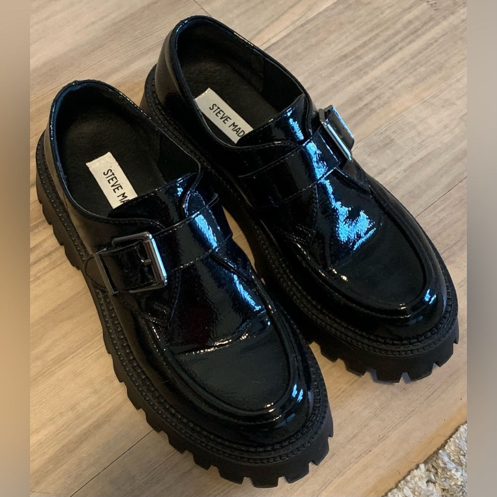 Steve Madden Bishop Platform Loafer Shoes Women's Black Patent Size US8.5 - Used